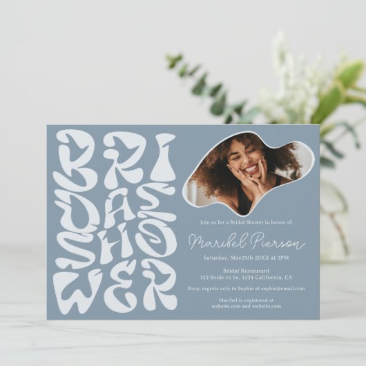 Groovy retro Script stoffig blauw Foto vrijgezelle Kaart (Staand voorkant)