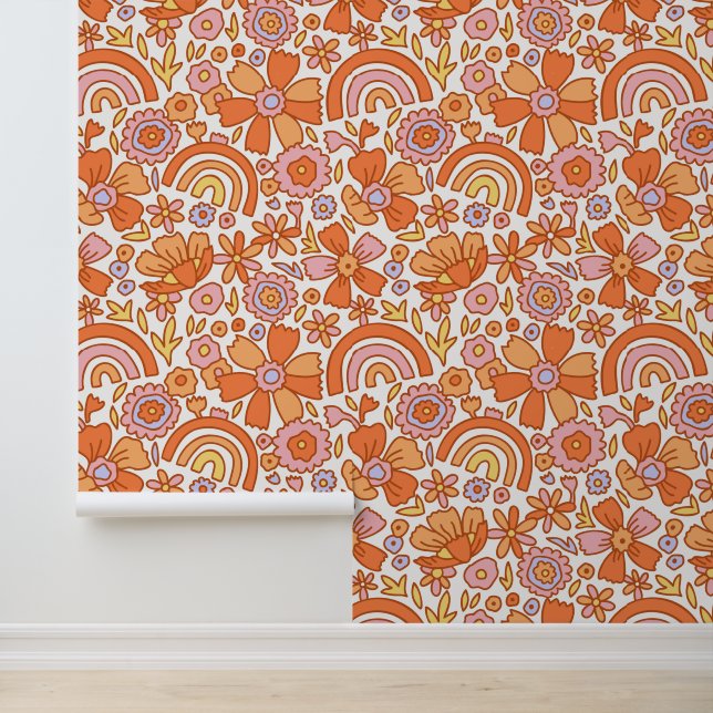 Groovy Retro Sinaasappel Bloemen Behang (Applicatie)