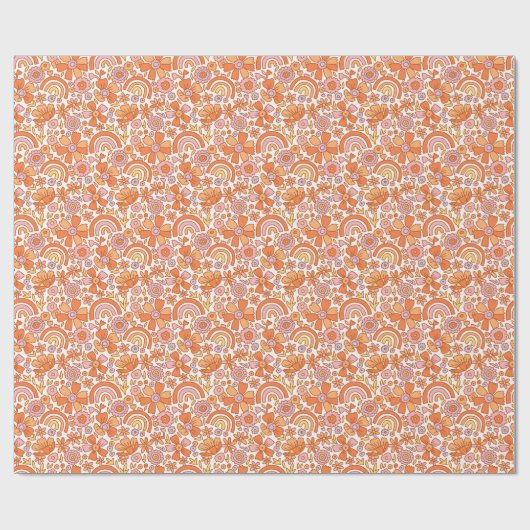 Groovy Retro Sinaasappel Bloemen Cadeaupapier (Vlak)
