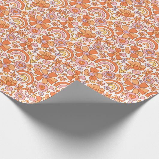 Groovy Retro Sinaasappel Bloemen Cadeaupapier (Hoek)