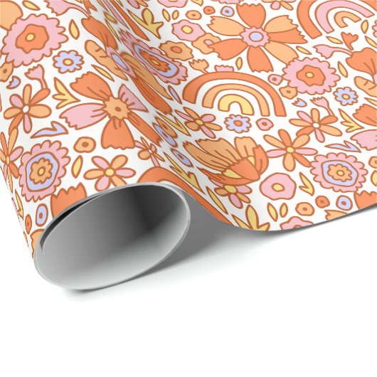 Groovy Retro Sinaasappel Bloemen Cadeaupapier (Rol Hoek)