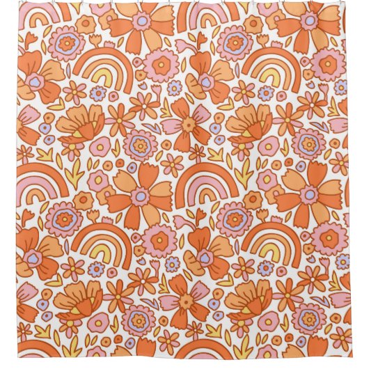 Groovy Retro Sinaasappel Bloemen Douchegordijn (Voorkant)