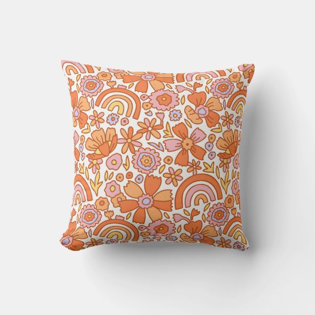 Groovy Retro Sinaasappel Bloemen Kussen (Voorkant)