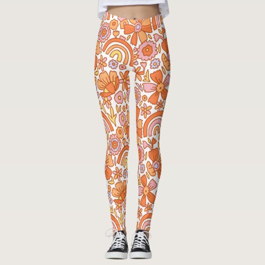 Groovy Retro Sinaasappel Bloemen Leggings (Voorkant)
