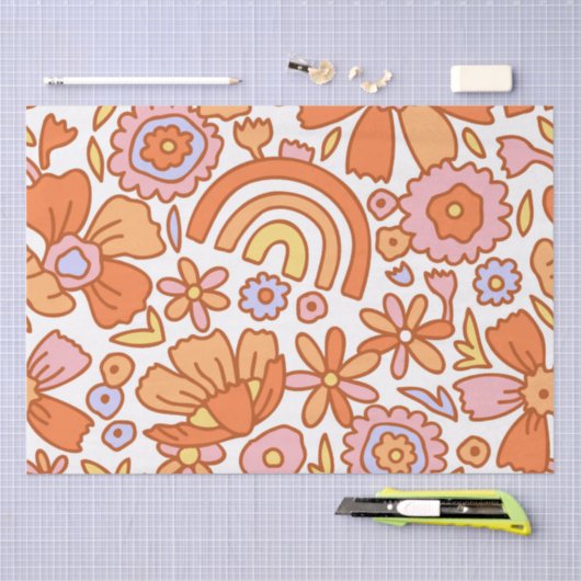 Groovy Retro Sinaasappel Bloemen Tissuepapier (Craft)