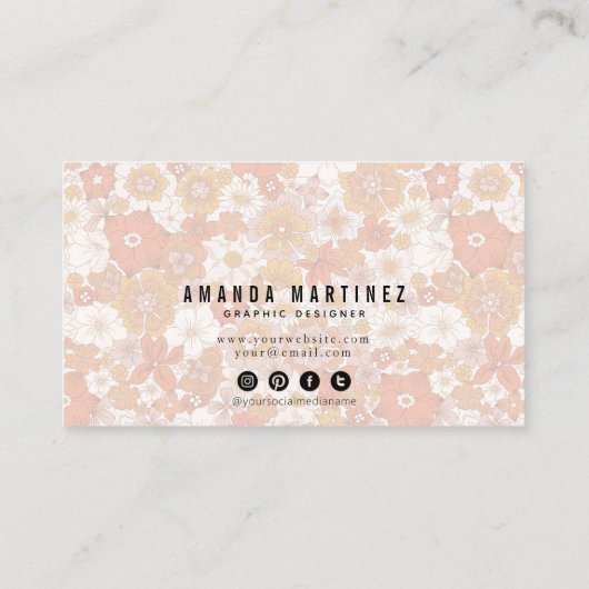 Groovy Retro Sinaasappel Bloemenpatroon Social Med Visitekaartje (Achterkant)