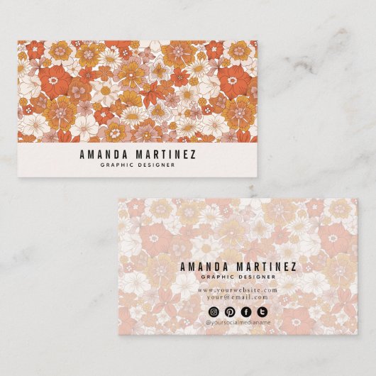 Groovy Retro Sinaasappel Bloemenpatroon Social Med Visitekaartje (Voorkant / Achterkant)