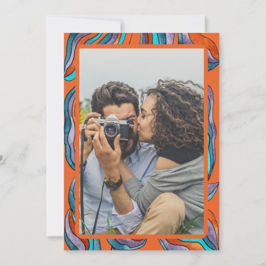 Groovy Retro Sinaasappel Foto Huwelijk repetitie D Kaart (Achterkant)