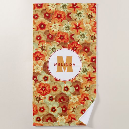 Groovy Retro Sinaasappel Hippie Flowers Monogram Strandlaken (Voorkant)