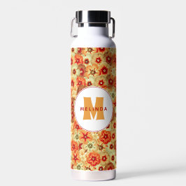 Groovy Retro Sinaasappel Hippie Flowers Monogram Waterfles