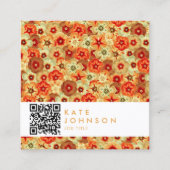 Groovy Retro Sinaasappel Hippie Flowers QR-code Vierkante Visitekaartje (Voorkant)