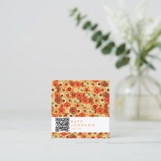 Groovy Retro Sinaasappel Hippie Flowers QR-code Vierkante Visitekaartje (Staand voorkant)