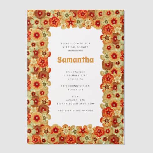 Groovy Retro Sinaasappel Hippie Flowers Vrijgezell Vellum Uitnodigingen (Voorkant)