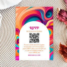 Groovy Retro Sinaasappel Roze funky QR-code RSVP Kaartje