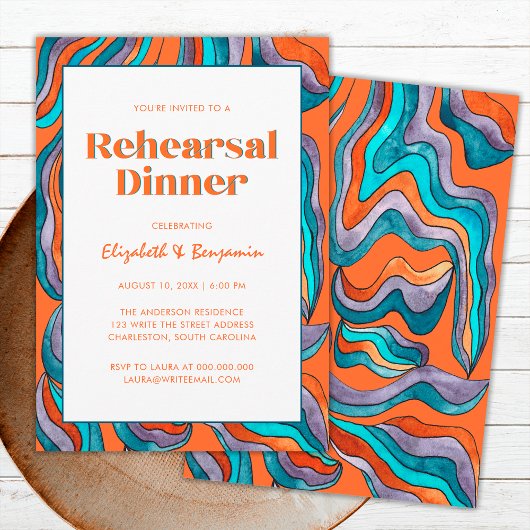 Groovy Retro Sinaasappel Wavy bruiloft repetitie d Kaart