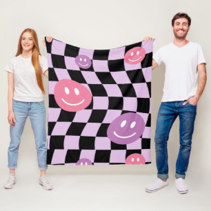 Groovy Retro Smiley Checkerboard, Y2K 90s Fleece Deken