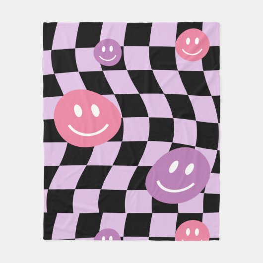 Groovy Retro Smiley Checkerboard, Y2K 90s Fleece Deken (Voorkant)