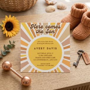 Groovy Retro Sunburst Geel Oranje Baby Shower Kaart