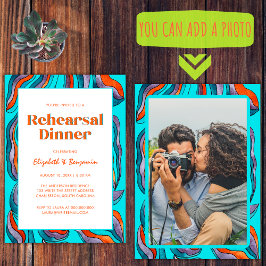Groovy Retro Teal Foto Bruiloft Rehearsal Dinner Kaart