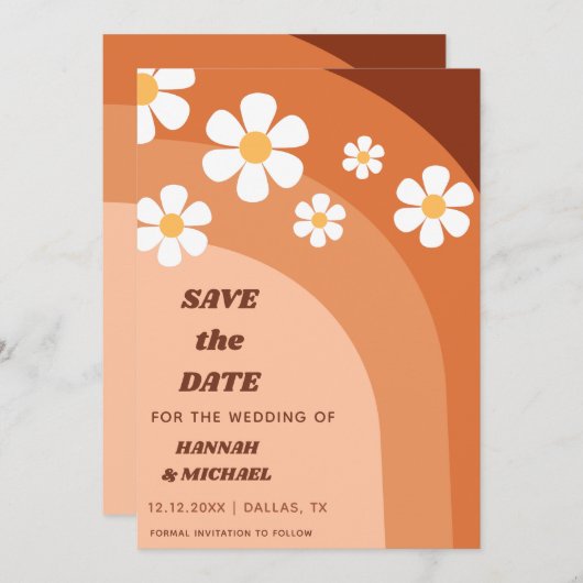Groovy Retro Terracotta Boho Rainbow Daisy Floral Save The Date (Voorkant / Achterkant)