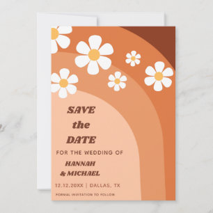 Groovy Retro Terracotta Boho Rainbow Daisy Floral Save The Date