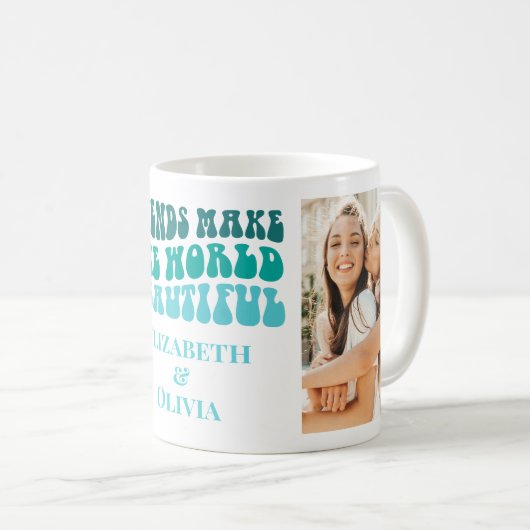 Groovy Retro Turquoise Vriendschap 2 Foto's & Name Koffiemok (Voorkant rechts)