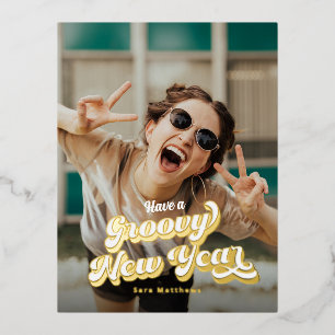 Groovy Retro Typografie Happy Nieuwjaar Folie Feestdagen Briefkaart