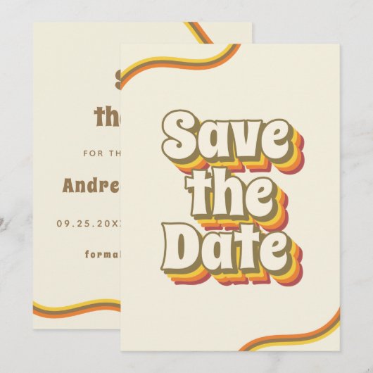 Groovy Retro Typografie & Regenboog Strepen 60s 70 Save The Date (Voorkant / Achterkant)