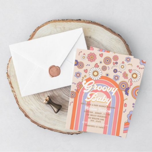 Groovy retro watercolor baby shower uitnodiging