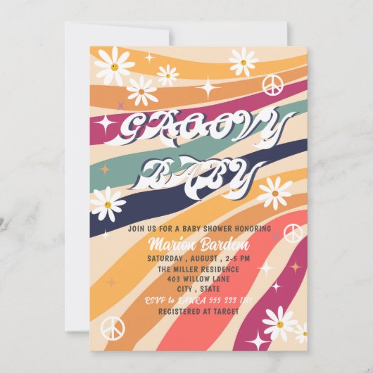 Groovy retro watercolor babyshower uitnodiging (Voorkant)