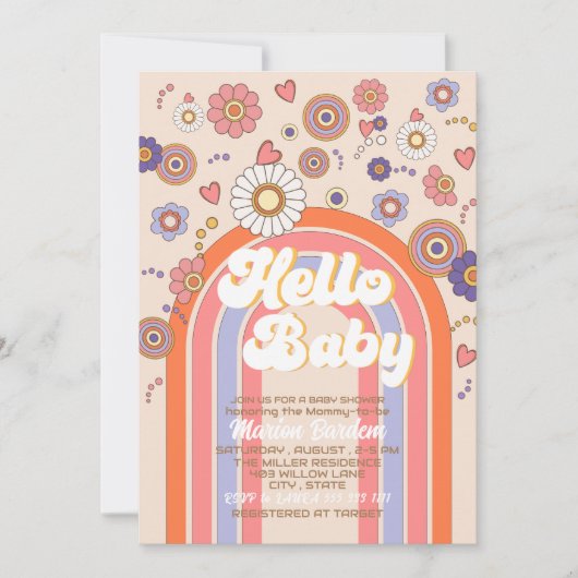 Groovy retro waterverf hallo baby shower kaart (Voorkant)