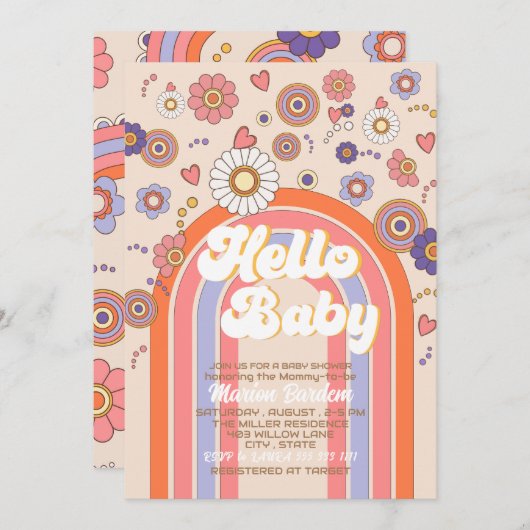 Groovy retro waterverf hallo baby shower kaart (Voorkant / Achterkant)