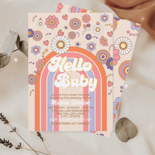 Groovy retro waterverf hello baby shower kaart