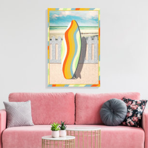 Groovy Retro  Waves Surfboard op het strand Canvas Afdruk