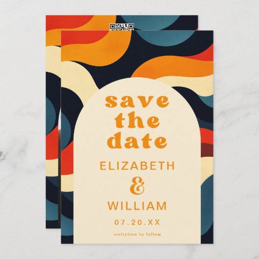 Groovy Retro Wavy Boho Trouwfoto QR-code Save The Date (Voorkant / Achterkant)