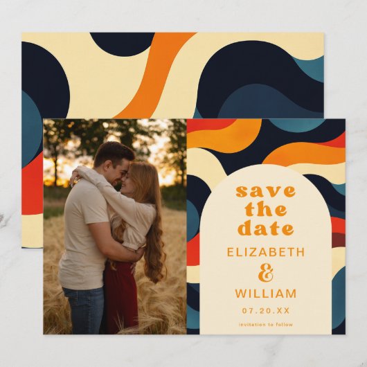 Groovy Retro Wavy Boho Trouwfoto Save The Date (Voorkant / Achterkant)