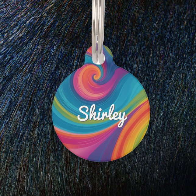 Groovy Retro Wervelingen Kleurrijk Gepersonaliseer Huisdierpenning (A groovy, personalized dog ID tag, with colorful retro swirls design)