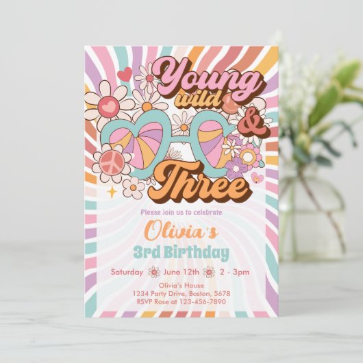 Groovy Retro Zomer 3e Verjaardag Uitnodiging (Staand voorkant)