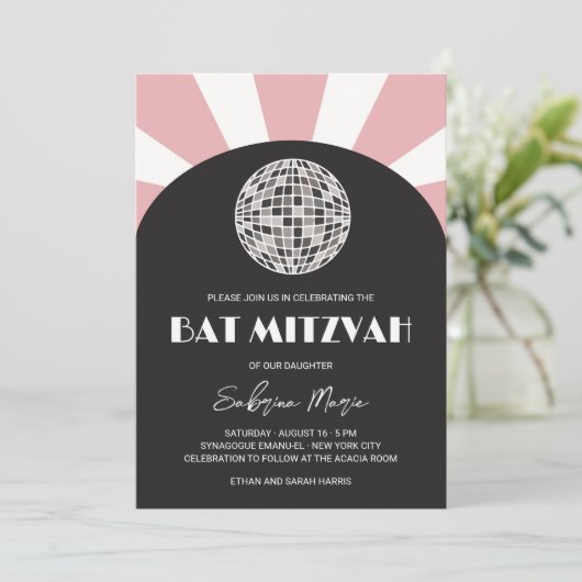 Groovy retro zwarte roze discobal Bat Mitswa Kaart (Staand voorkant)