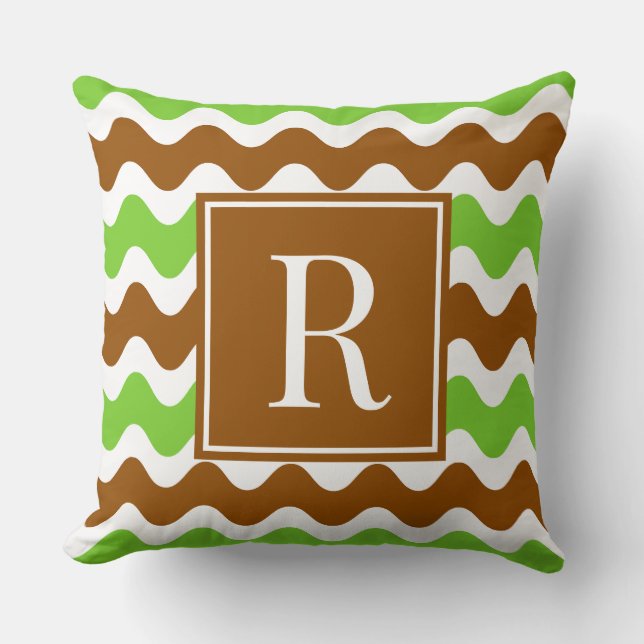 Groovy Ric Rac Streep - Horizontaal Bruin & Lime Kussen (Voorkant)