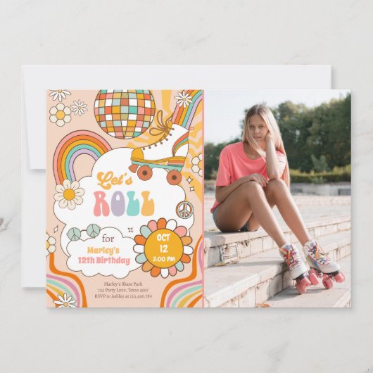 Groovy Roller Schaats Retro 70s Regenboog Verjaard Kaart (Voorkant)