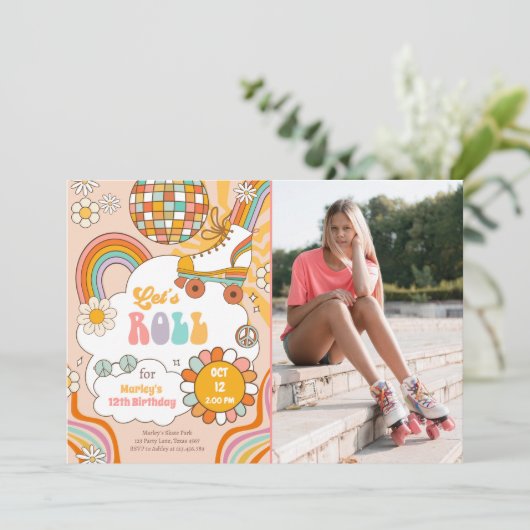 Groovy Roller Schaats Retro 70s Regenboog Verjaard Kaart (Staand voorkant)
