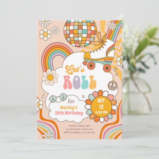 Groovy Roller Schaats Retro 70s Regenboog Verjaard Kaart (Staand voorkant)