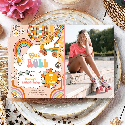 Groovy Roller Schaats Retro 70s Regenboog Verjaard Kaart