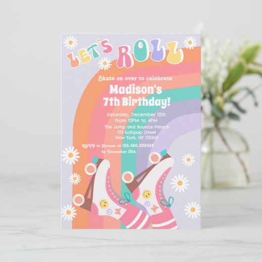 Groovy Roller Schaats Retro Birthday Invitations Kaart (Staand voorkant)