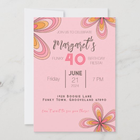 Groovy Roze 40e Verjaardagsfeestje 70s Hippie Bloe Kaart (Voorkant)