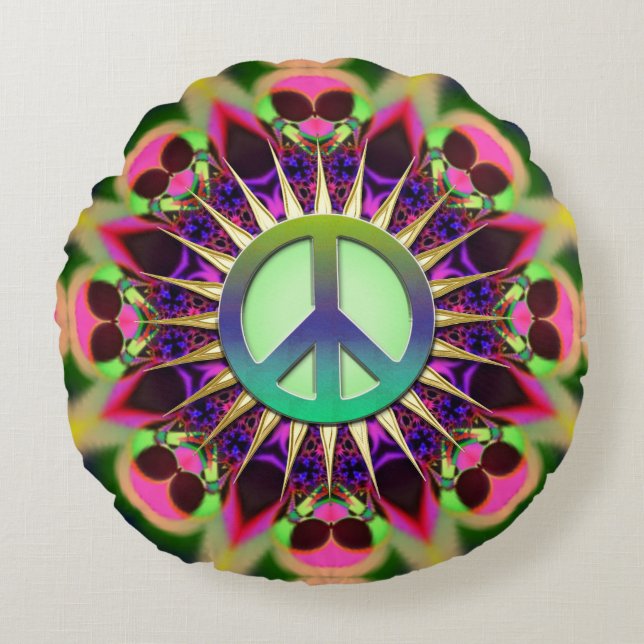 Groovy Roze Alien Vredesteken Rond Kussen (Voorkant)