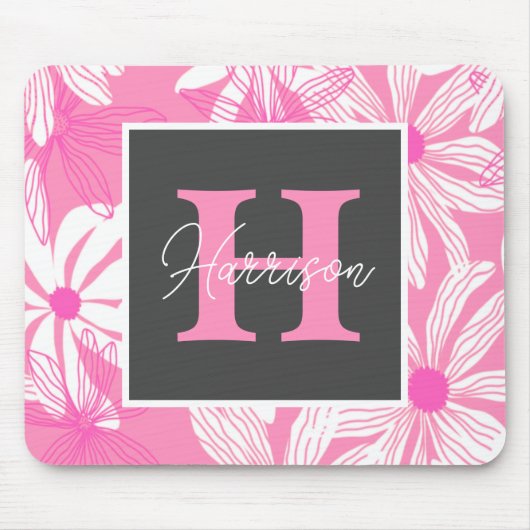 Groovy roze bloemen Monogram Muismat (Voorkant)