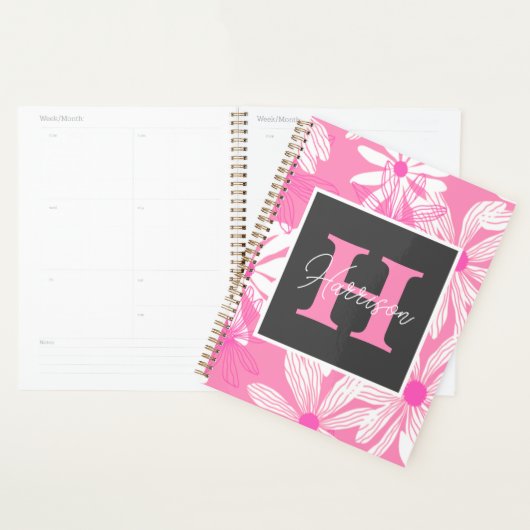 Groovy roze bloemen Monogram Planner (Display)