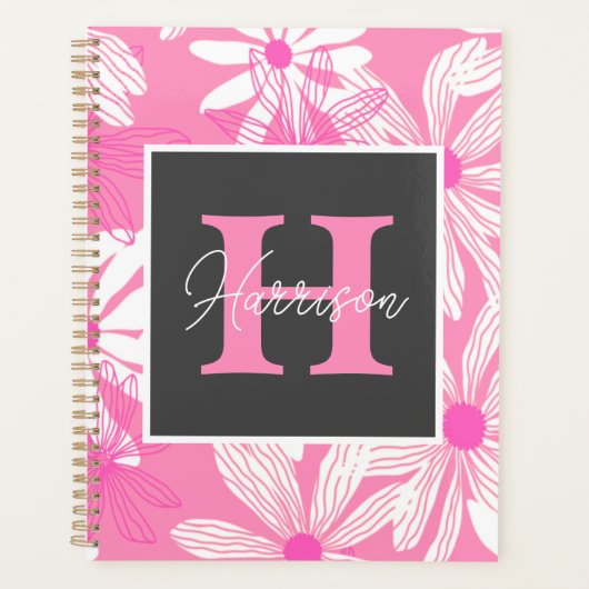 Groovy roze bloemen Monogram Planner (Voorkant)